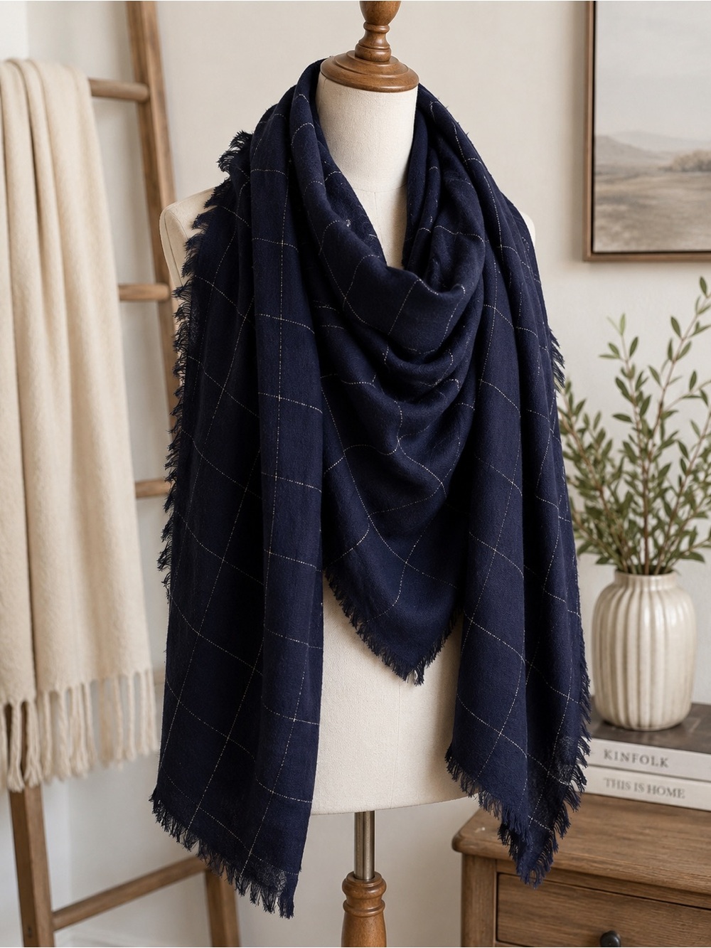 Navy Windowpane Fringe Scarf Wrap 37x82”